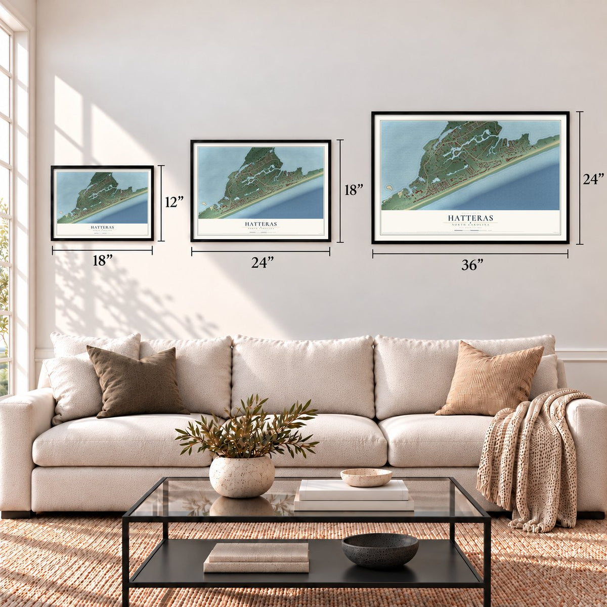 Hatteras, North Carolina map in 12 x 18, 18 x 24 and 24 x 36 inch sizes above a sofa