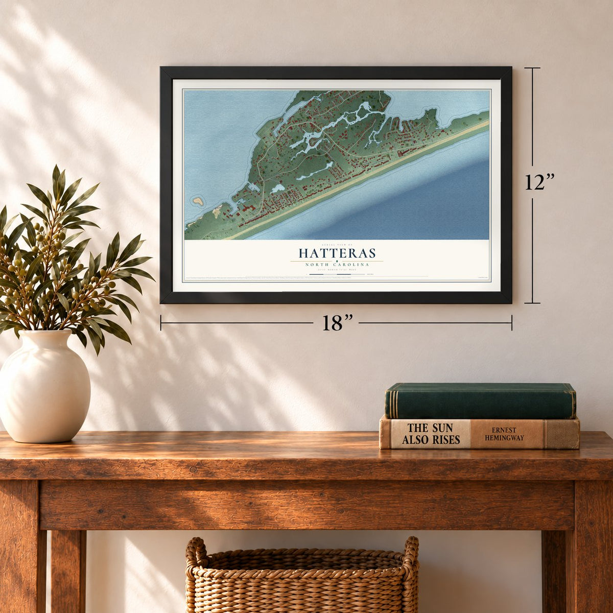 Hatteras, North Carolina map, 12 x 18 inch print in a black frame in an entryway