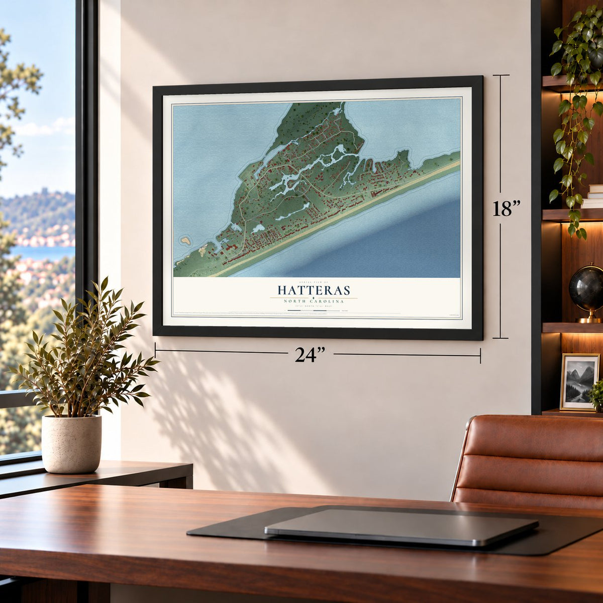 Hatteras, North Carolina map, 18 x 24 inch print in a black frame in a home office