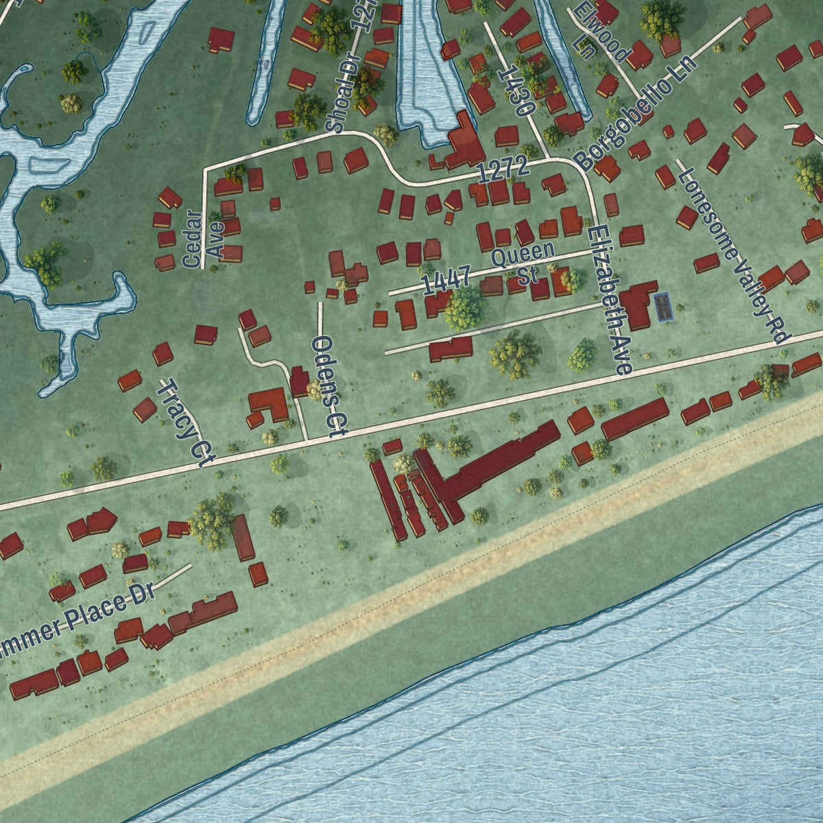 Close-up of the map of Hatteras, North Carolina print showing street and building detail