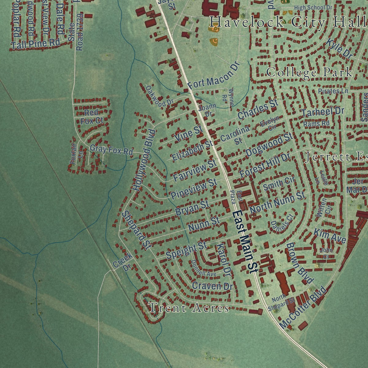 Close-up of the map of Havelock, North Carolina print showing street and building detail