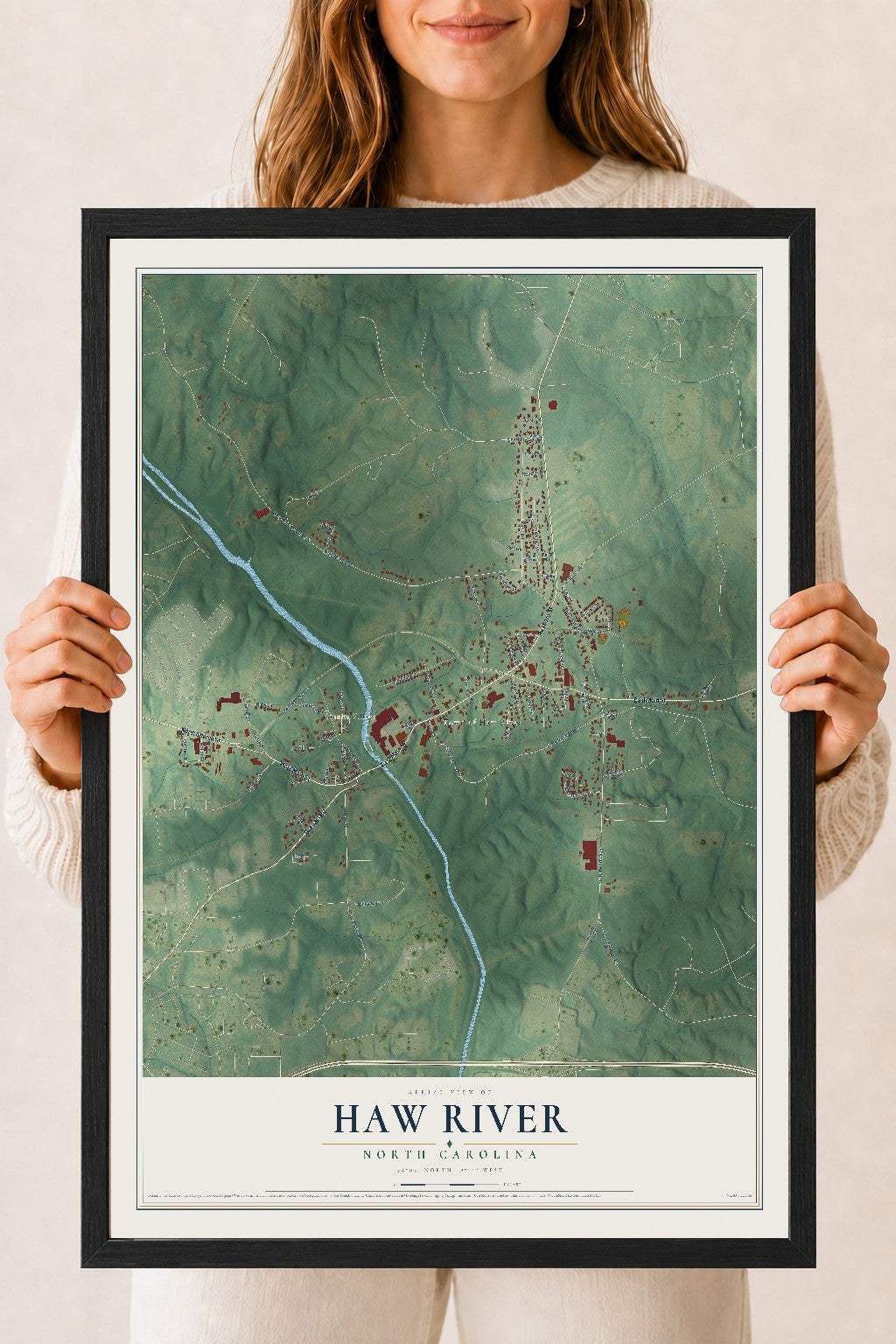 Map of Haw River, North Carolina, 18 x 24 inch print in a black wood frame