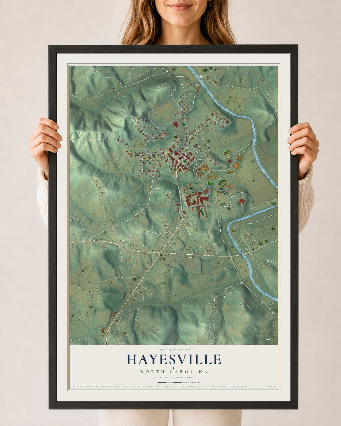 Map of Hayesville, North Carolina, 24 x 36 inch print in a black wood frame