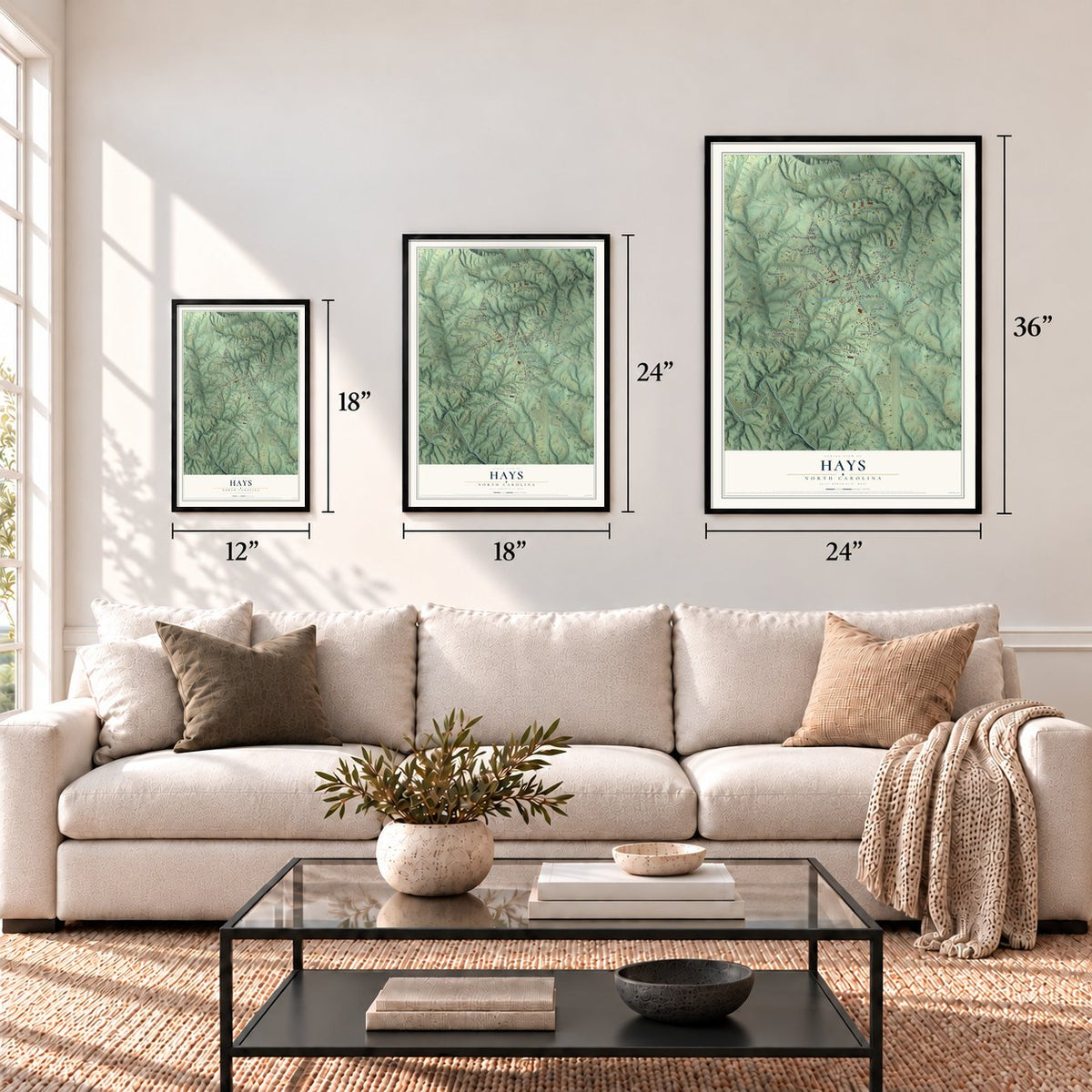 Hays, North Carolina map in 12 x 18, 18 x 24 and 24 x 36 inch sizes above a sofa
