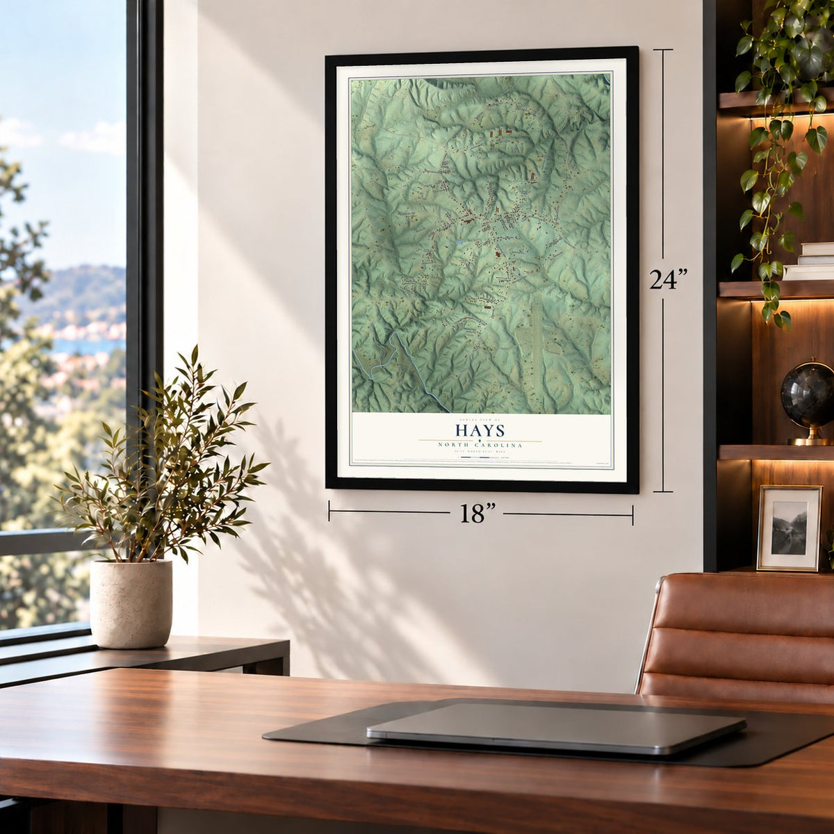 Hays, North Carolina map, 18 x 24 inch print in a black frame in a home office