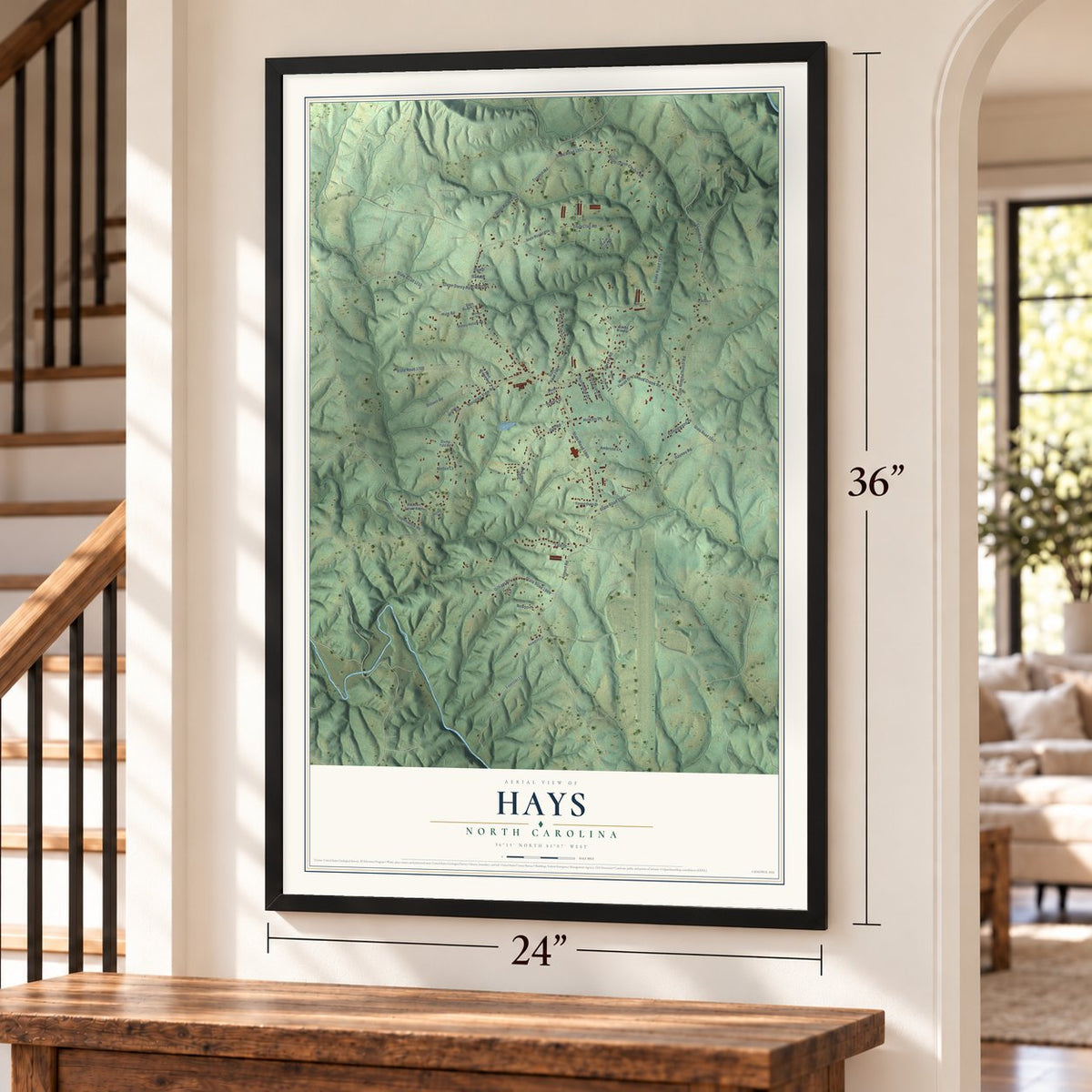 Hays, North Carolina map, 24 x 36 inch print in a black frame by a staircase