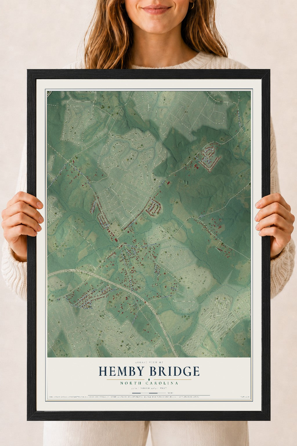 Map of Hemby Bridge, North Carolina, 18 x 24 inch print in a black wood frame
