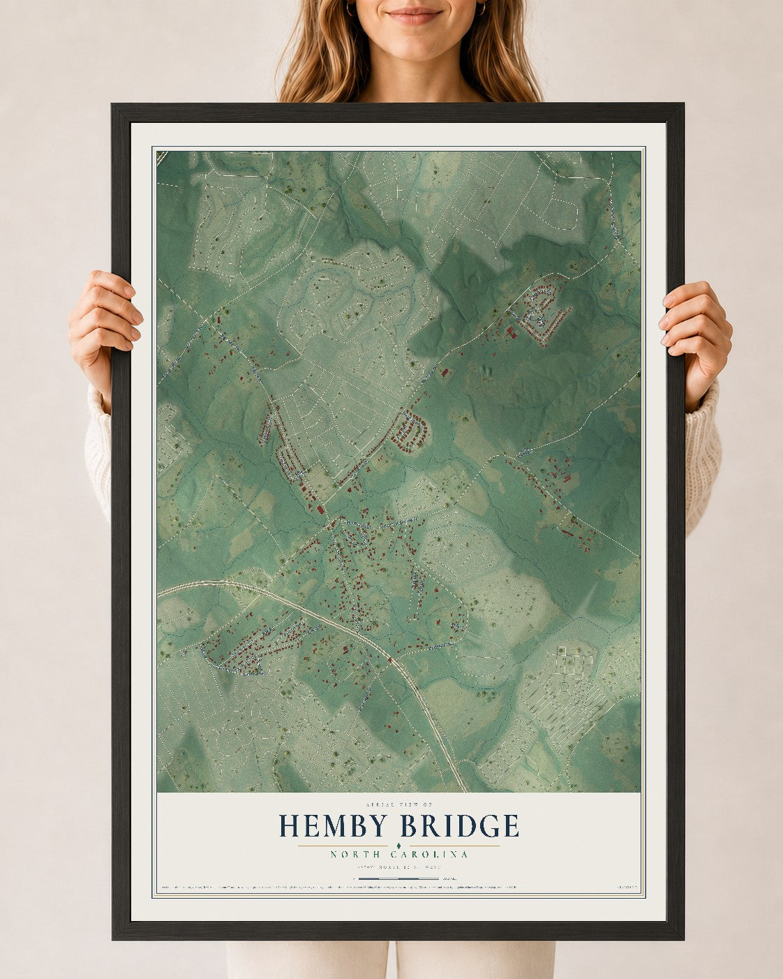 Map of Hemby Bridge, North Carolina, 24 x 36 inch print in a black wood frame