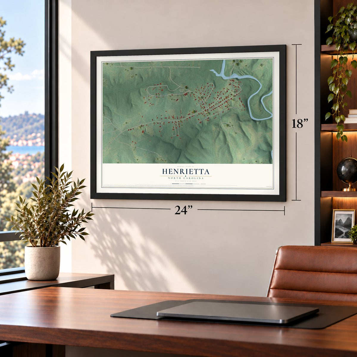 Henrietta, North Carolina map, 18 x 24 inch print in a black frame in a home office