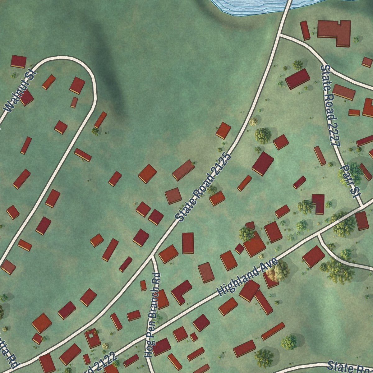 Close-up of the map of Henrietta, North Carolina print showing street and building detail