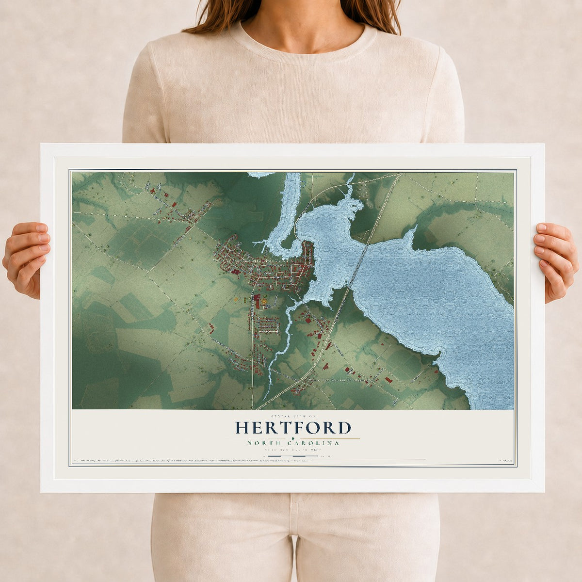 Map of Hertford, North Carolina, 12 x 18 inch print in a white wood frame
