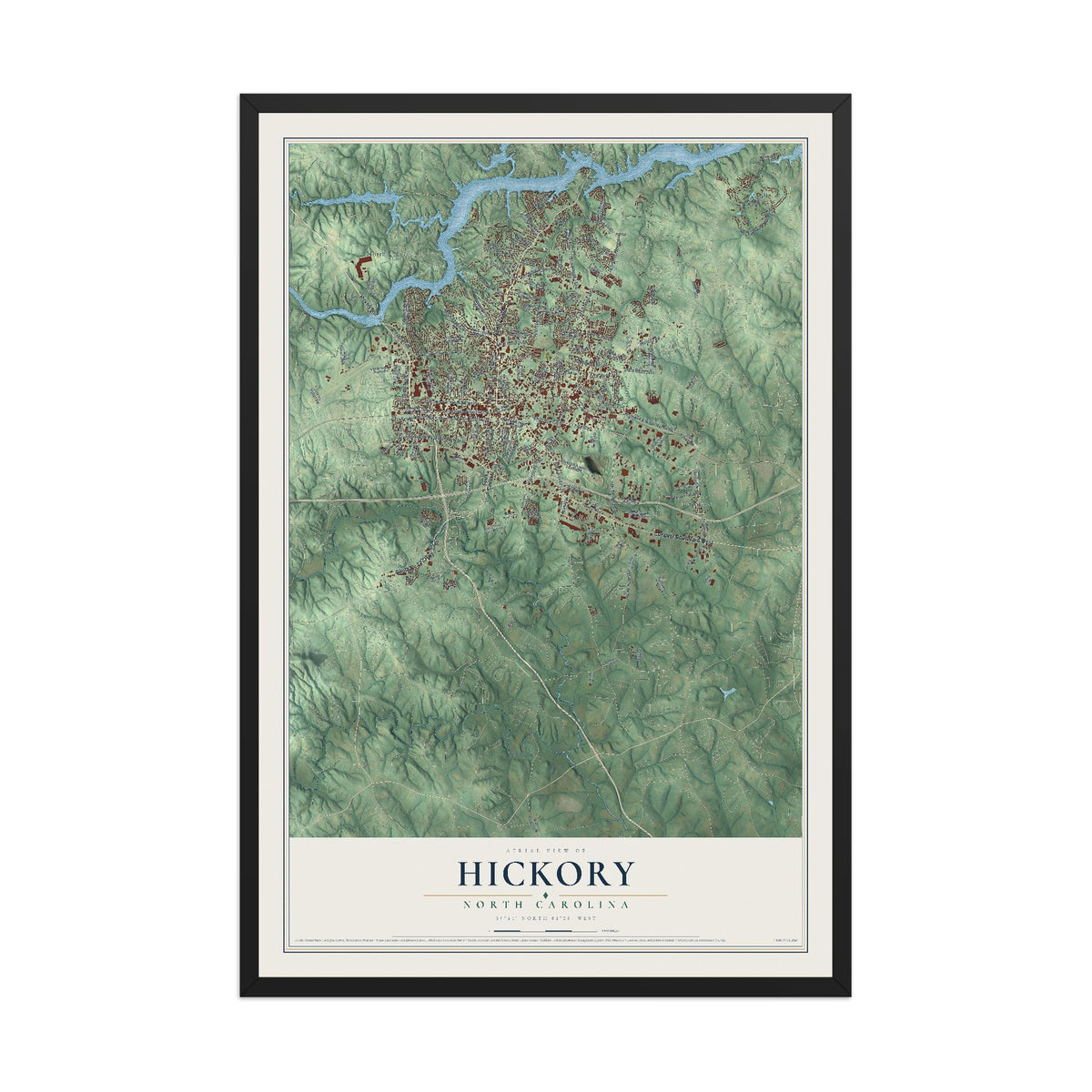 Map of Hickory, North Carolina, 12 x 18 inch print in a black wood frame