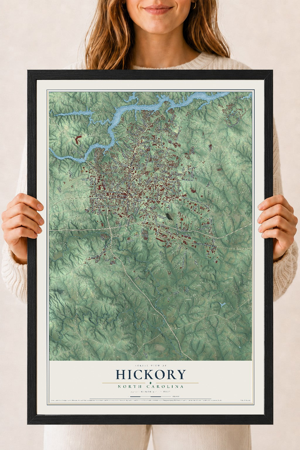 Map of Hickory, North Carolina, 18 x 24 inch print in a black wood frame