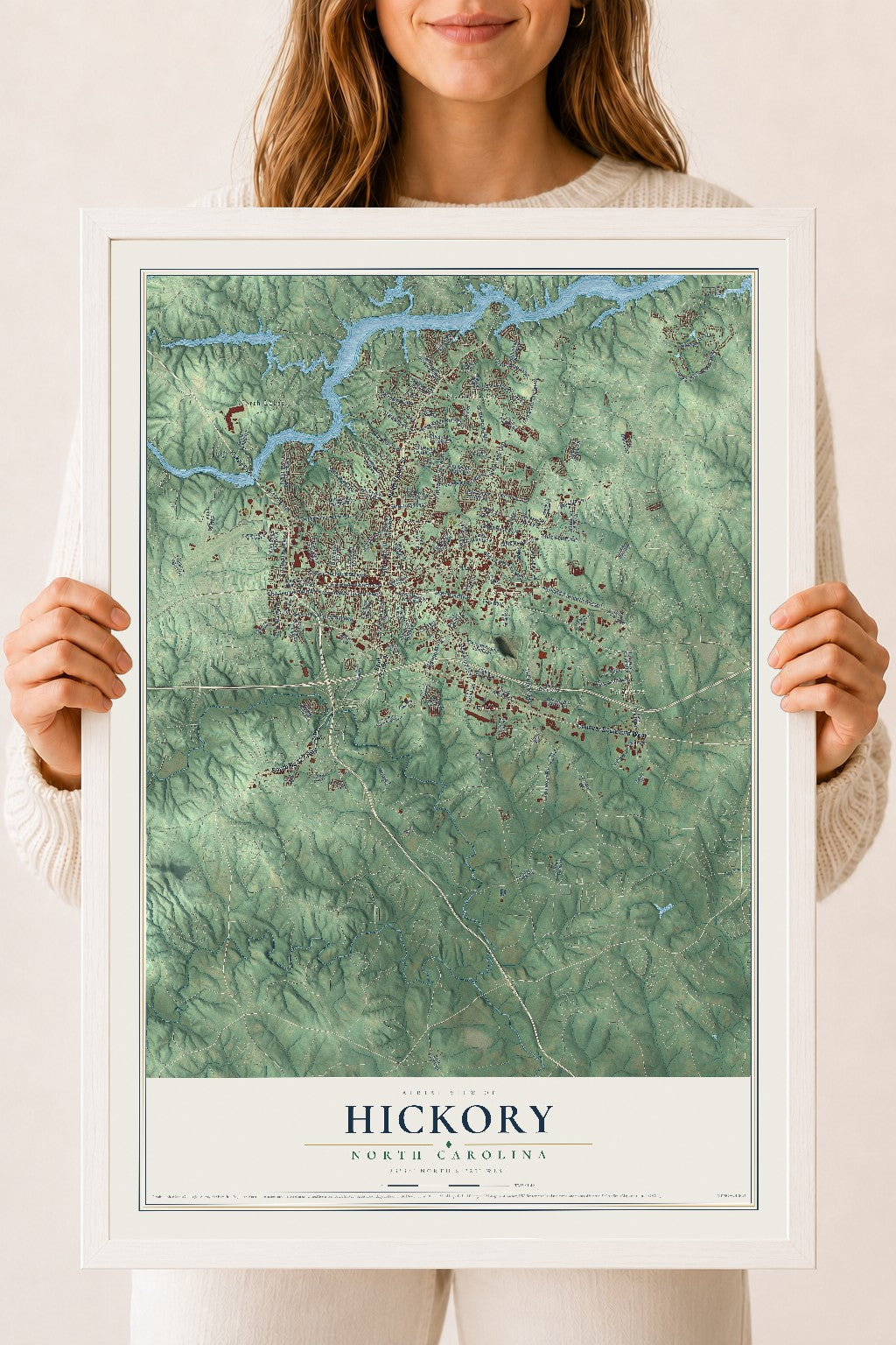 Map of Hickory, North Carolina, 18 x 24 inch print in a white wood frame
