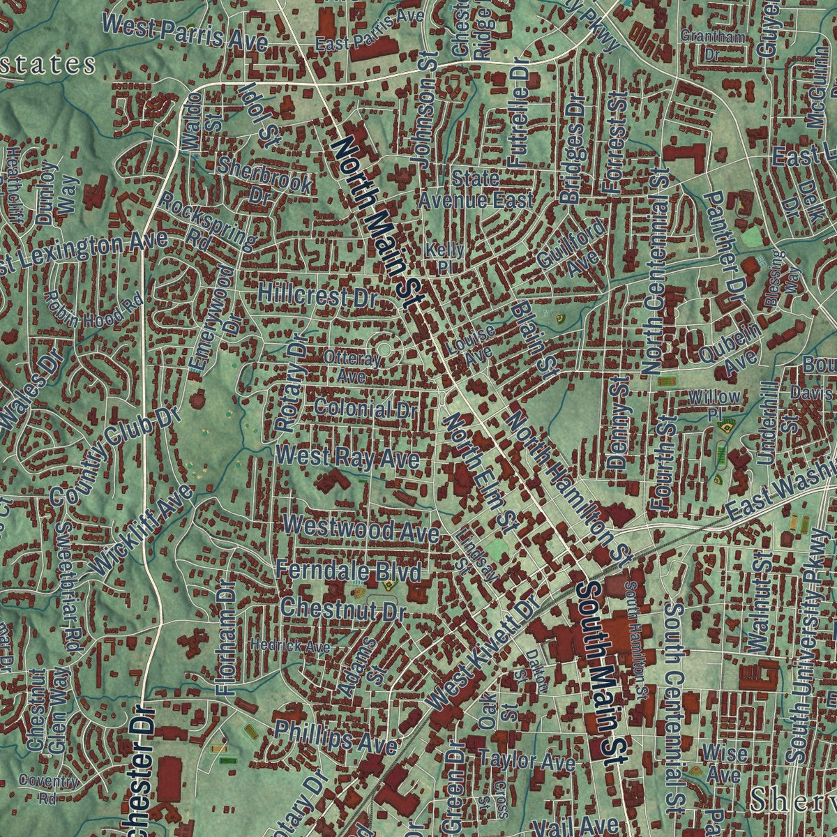 Close-up of the map of High Point, North Carolina print showing street and building detail