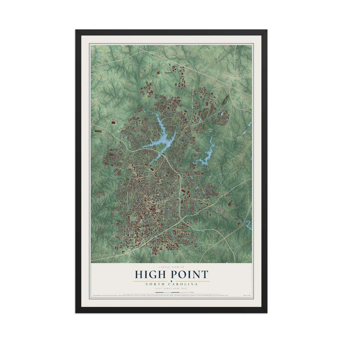 Map of High Point, North Carolina, 12 x 18 inch print in a black wood frame