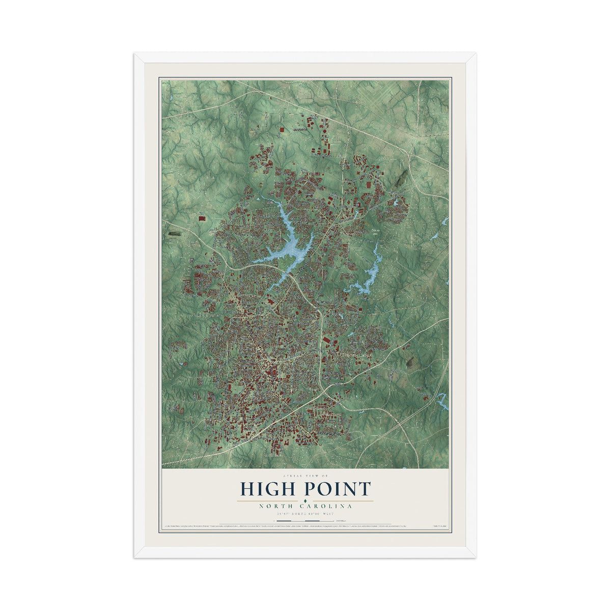 Map of High Point, North Carolina, 12 x 18 inch print in a white wood frame
