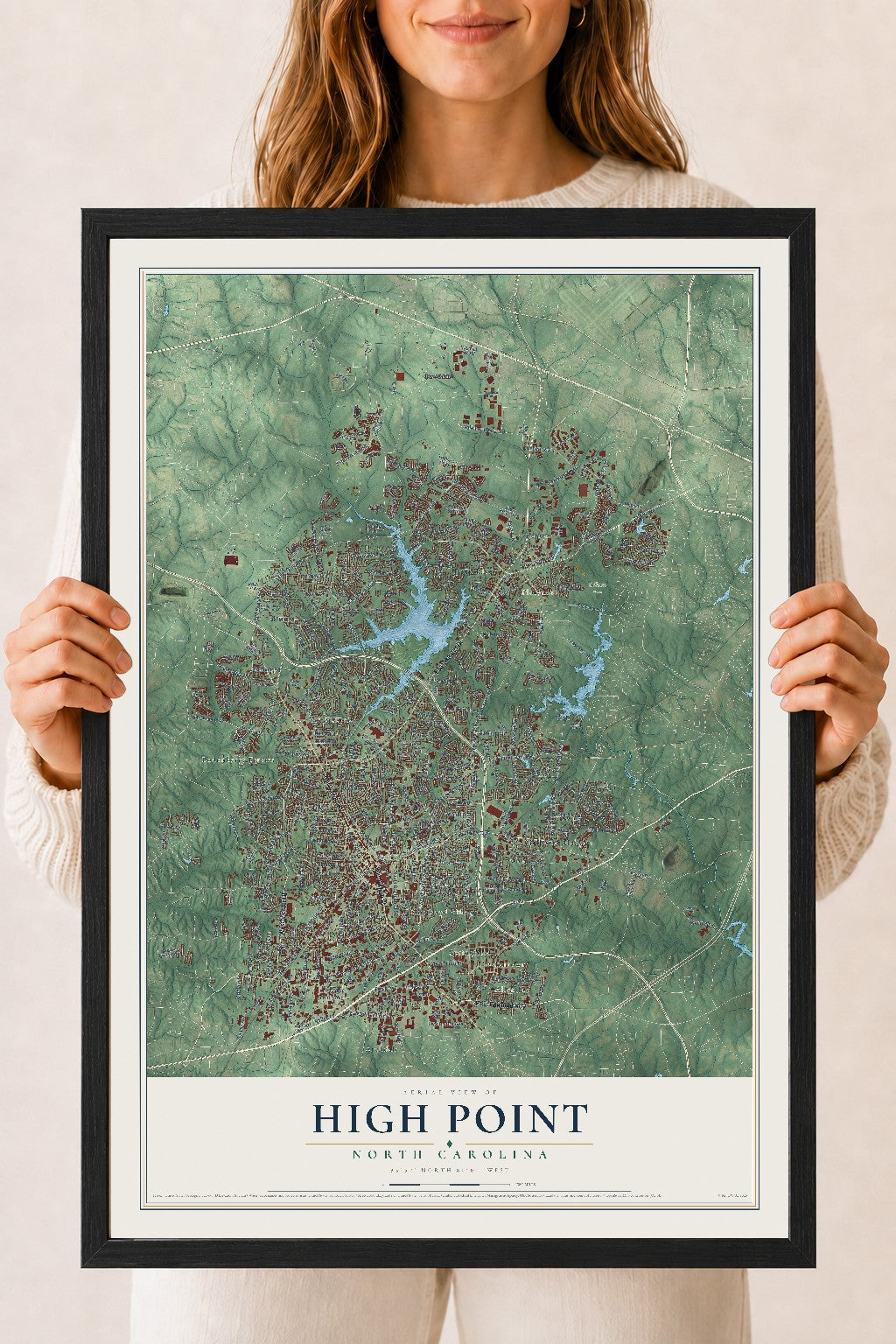 Map of High Point, North Carolina, 18 x 24 inch print in a black wood frame