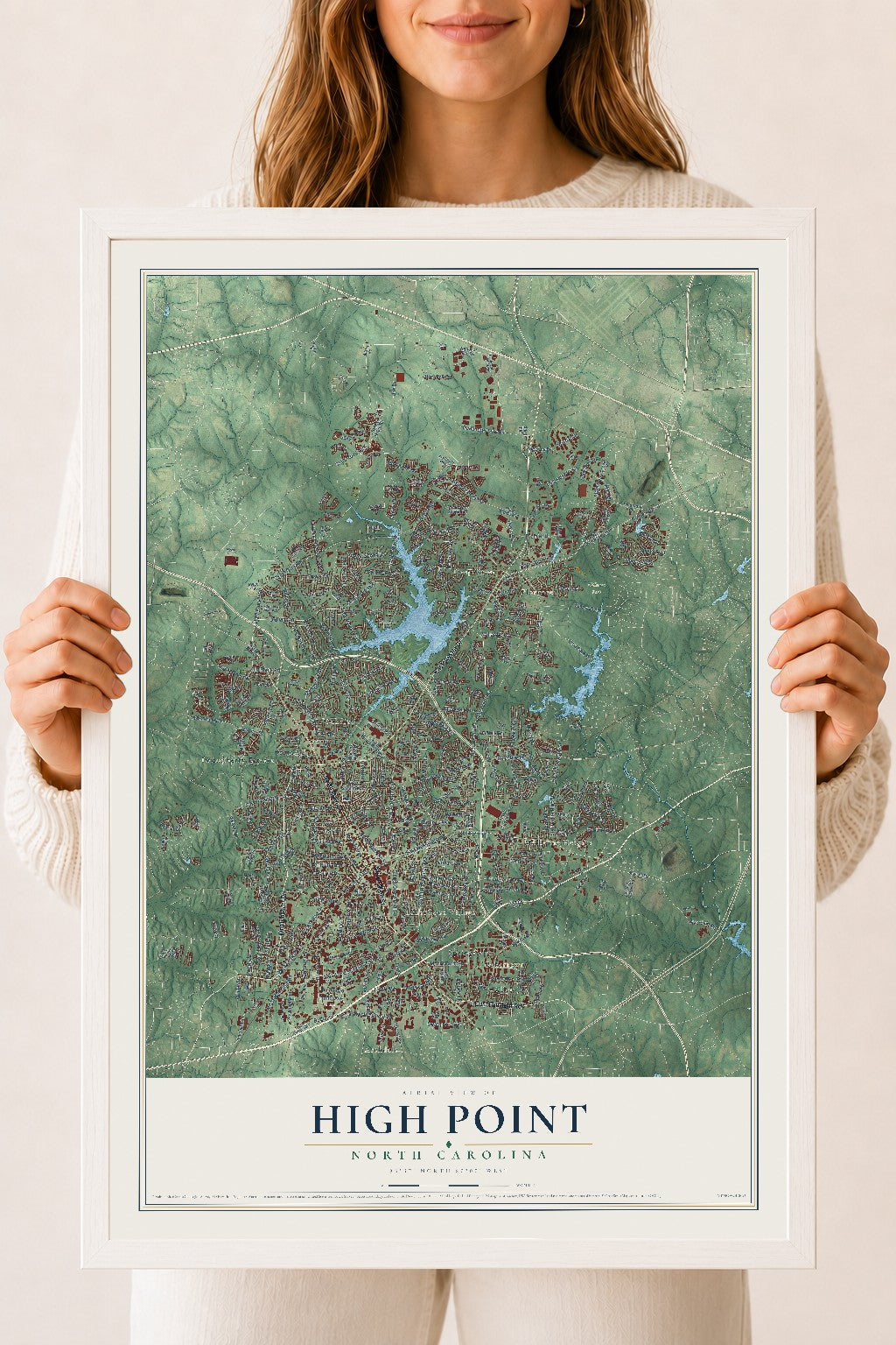 Map of High Point, North Carolina, 18 x 24 inch print in a white wood frame