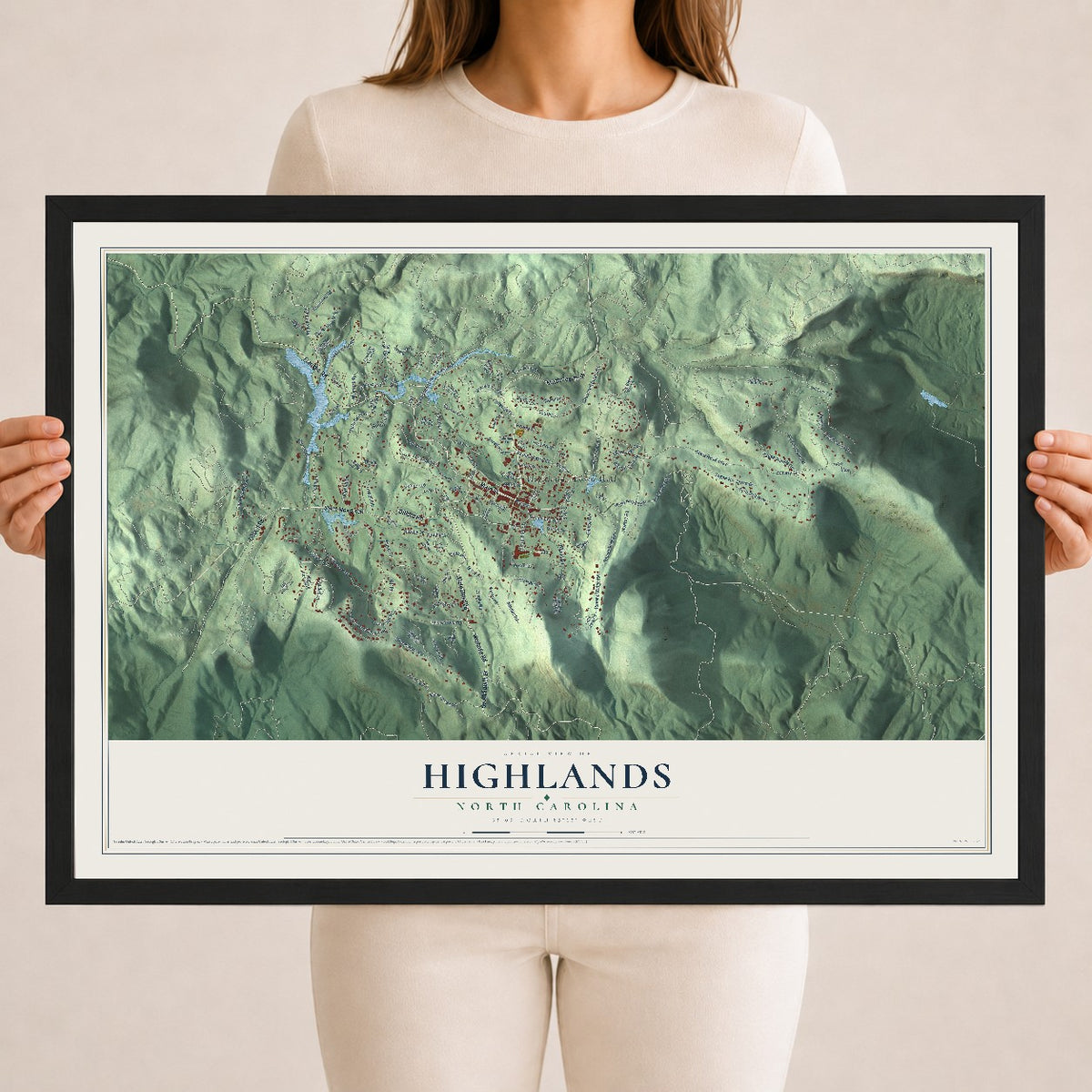 Map of Highlands, North Carolina, 18 x 24 inch print in a black wood frame