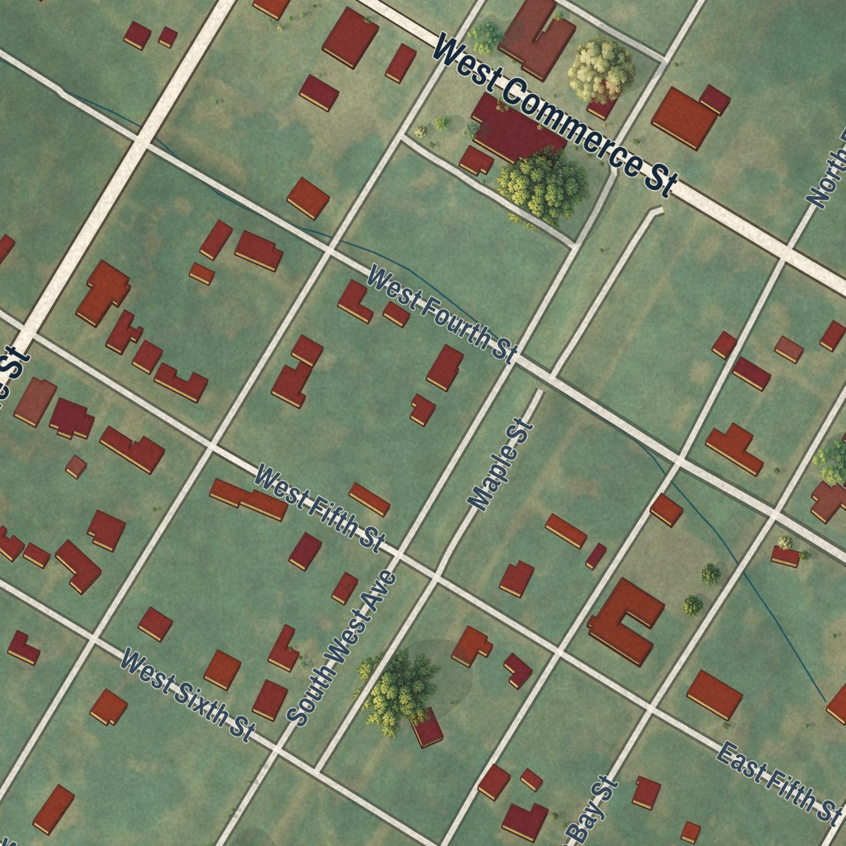 Close-up of the map of Hobgood, North Carolina print showing street and building detail