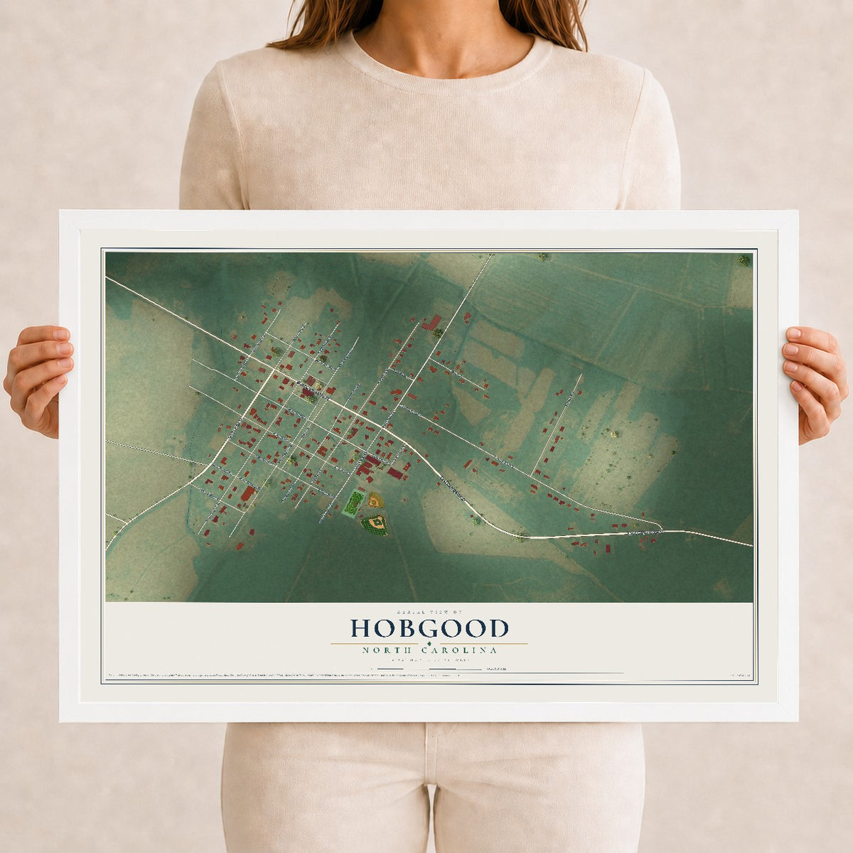 Map of Hobgood, North Carolina, 12 x 18 inch print in a white wood frame