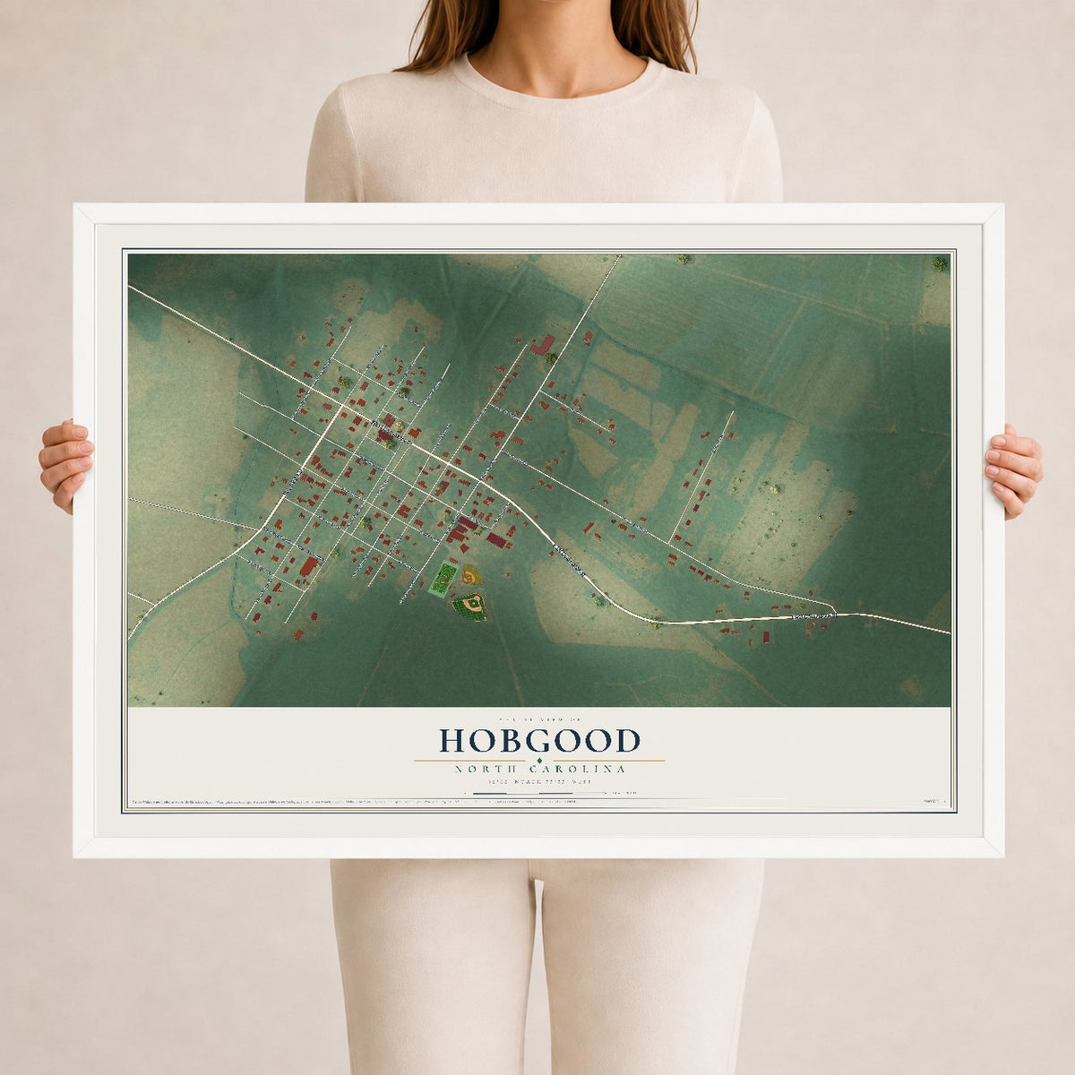 Map of Hobgood, North Carolina, 24 x 36 inch print in a white wood frame
