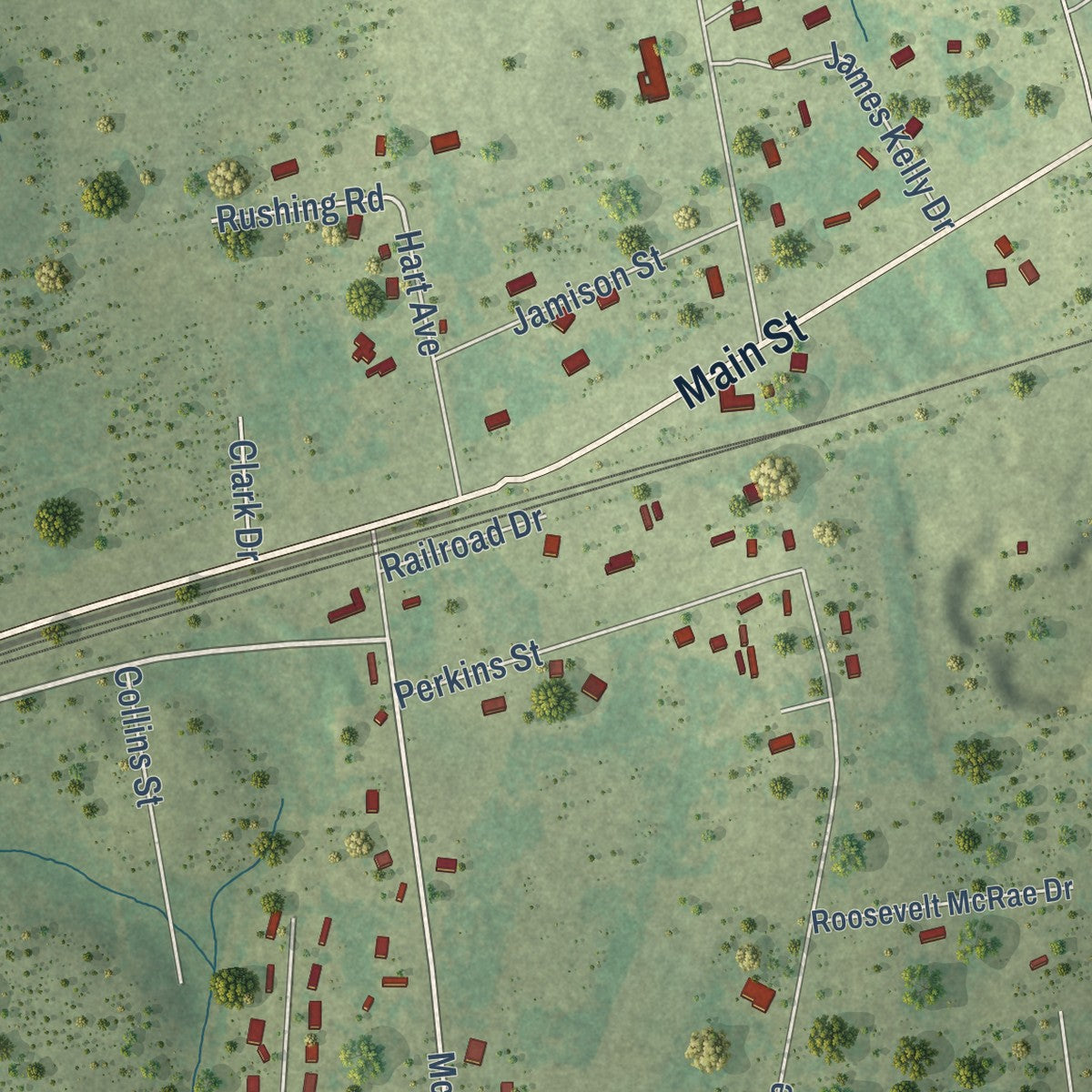 Close-up of the map of Hoffman, North Carolina print showing street and building detail