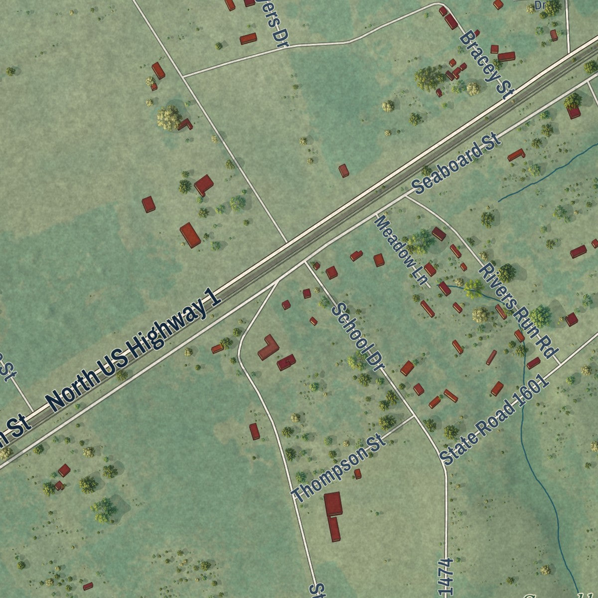 Second close-up of the map of Hoffman, North Carolina print showing more streets and buildings