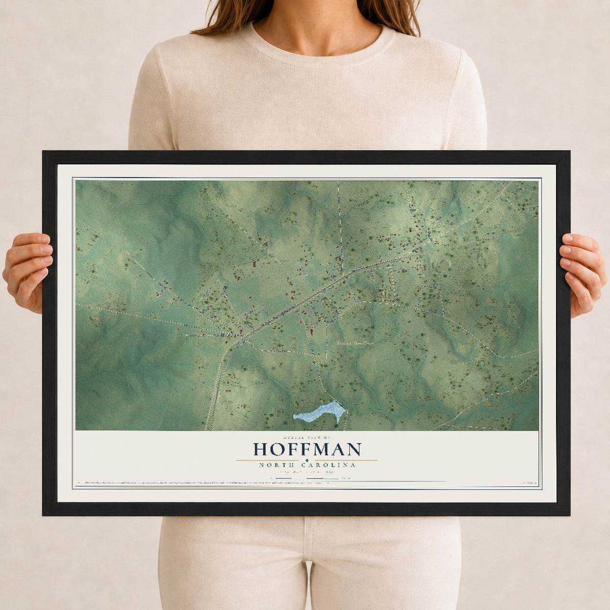 Map of Hoffman, North Carolina, 12 x 18 inch print in a black wood frame