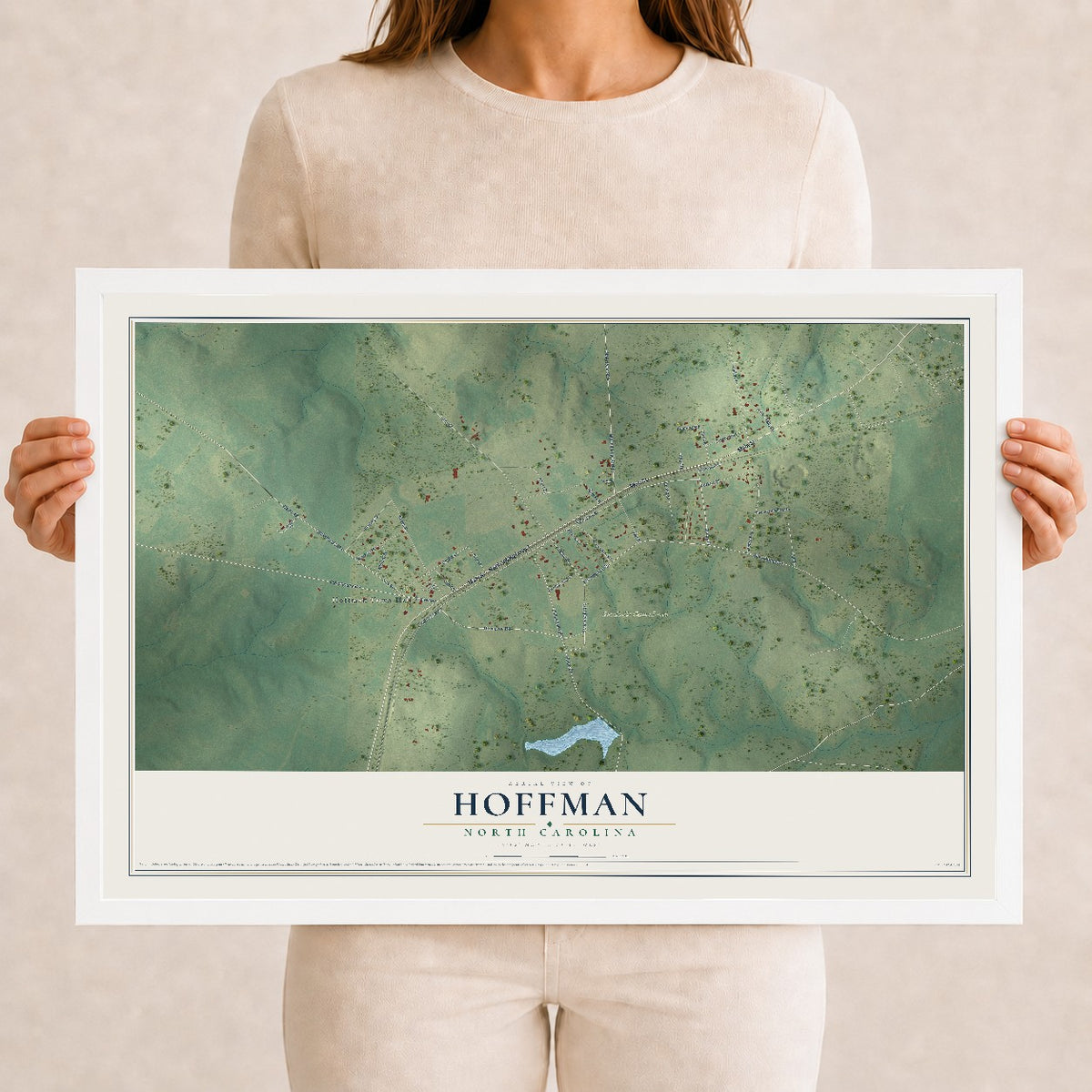 Map of Hoffman, North Carolina, 12 x 18 inch print in a white wood frame