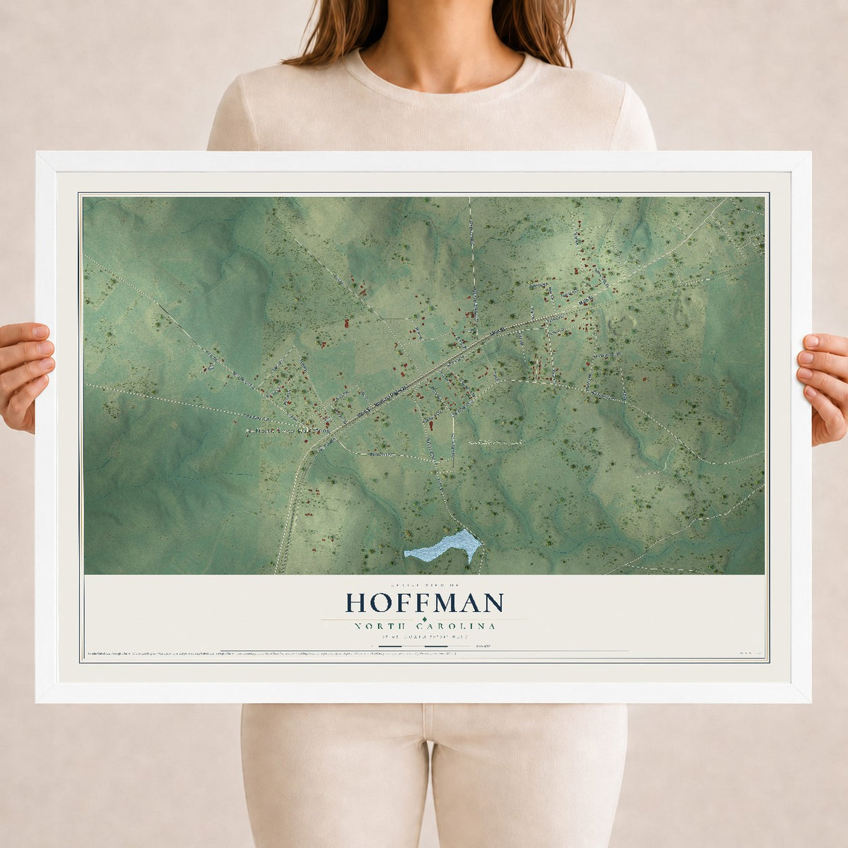 Map of Hoffman, North Carolina, 18 x 24 inch print in a white wood frame