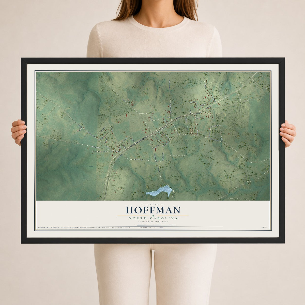 Map of Hoffman, North Carolina, 24 x 36 inch print in a black wood frame