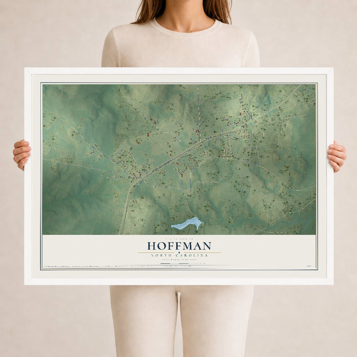 Map of Hoffman, North Carolina, 24 x 36 inch print in a white wood frame