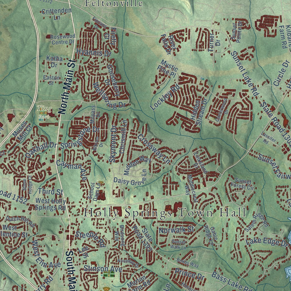 Close-up of the map of Holly Springs, North Carolina print showing street and building detail