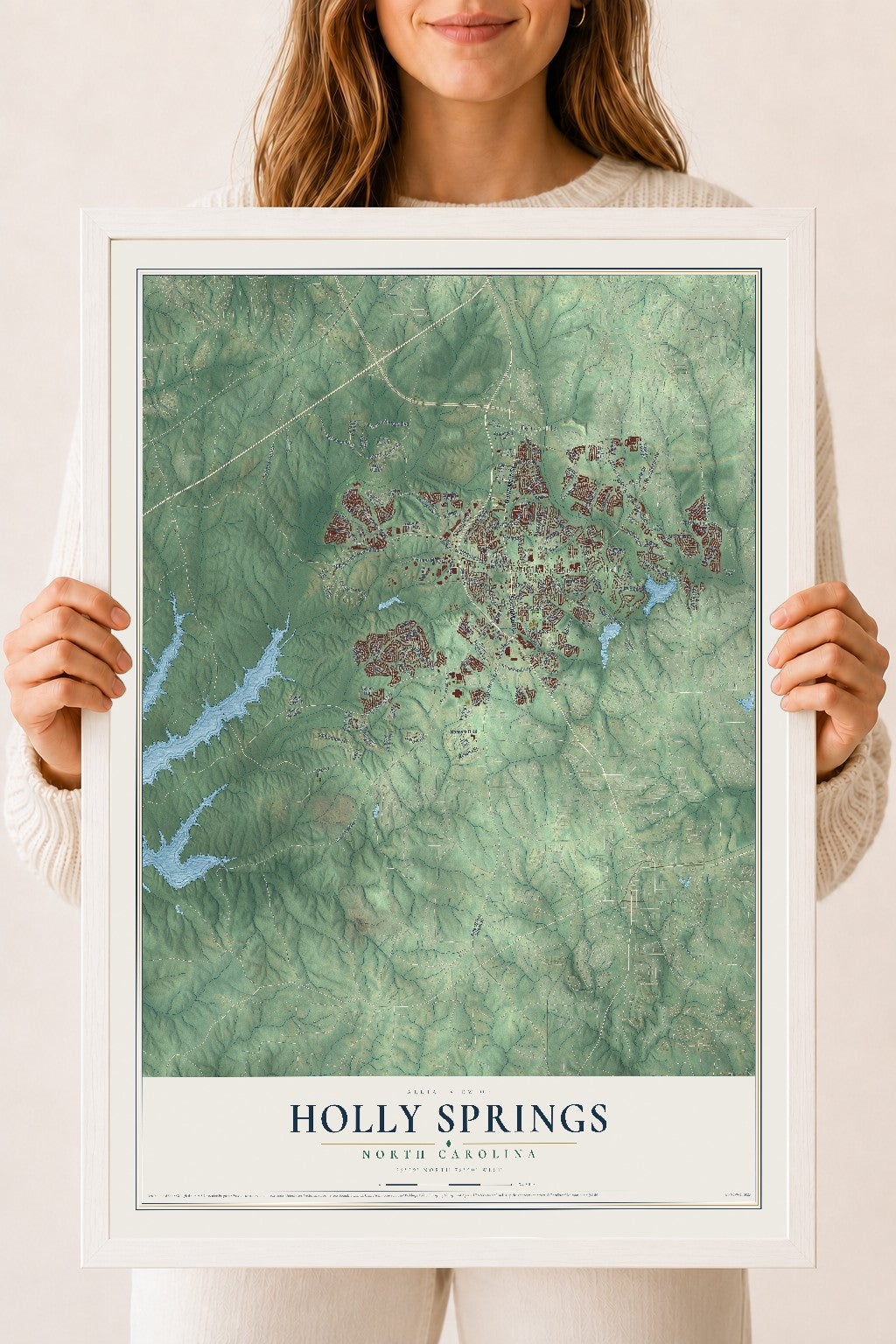 Map of Holly Springs, North Carolina, 18 x 24 inch print in a white wood frame