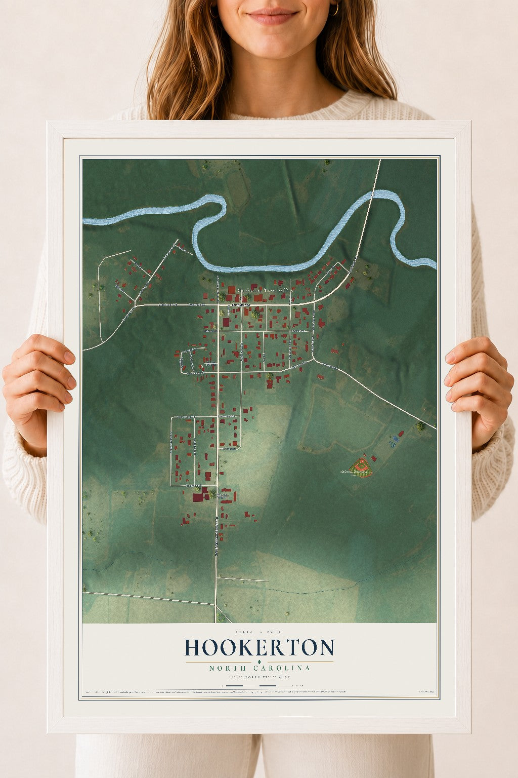 Map of Hookerton, North Carolina, 18 x 24 inch print in a white wood frame