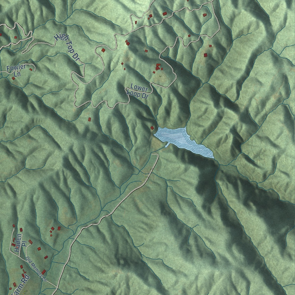Close-up of the map of Hoopers Creek, North Carolina print showing street and building detail