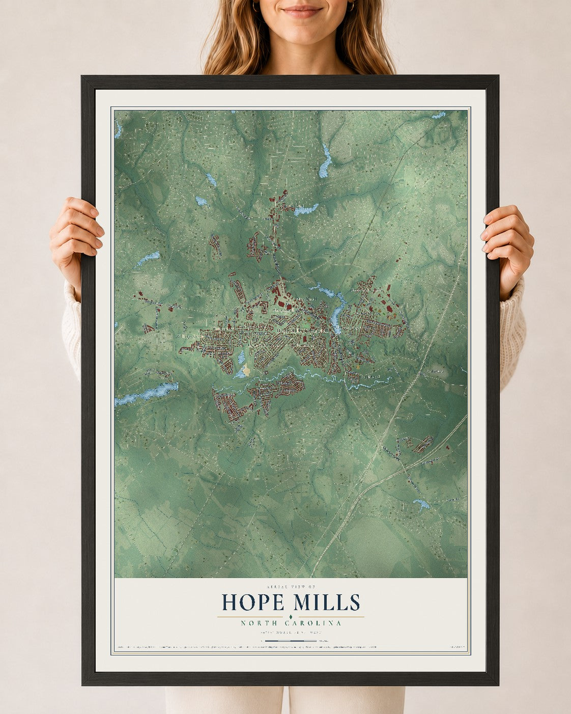 Map of Hope Mills, North Carolina, 24 x 36 inch print in a black wood frame
