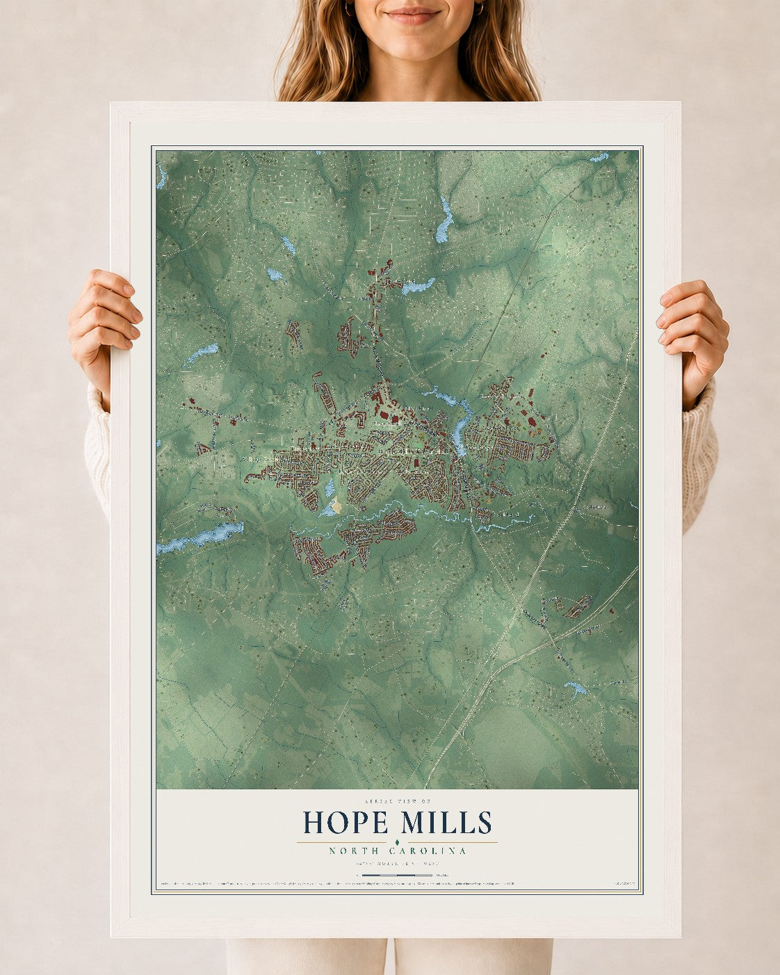 Map of Hope Mills, North Carolina, 24 x 36 inch print in a white wood frame