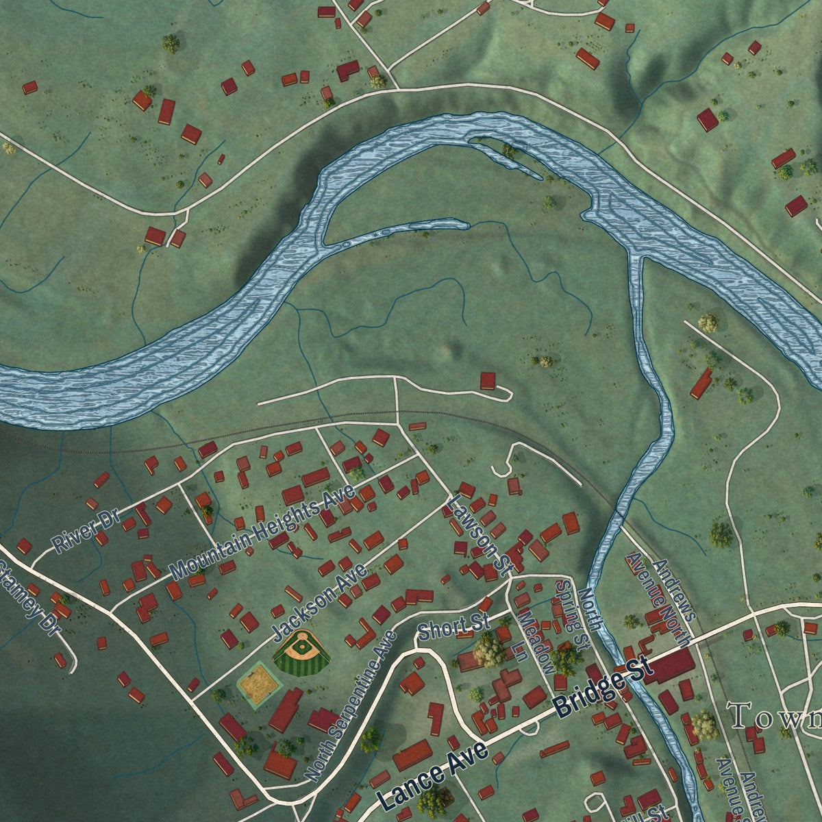 Close-up of the map of Hot Springs, North Carolina print showing street and building detail