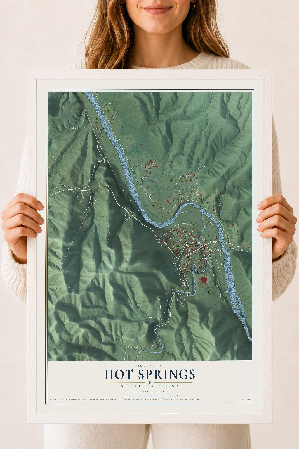 Map of Hot Springs, North Carolina, 18 x 24 inch print in a white wood frame