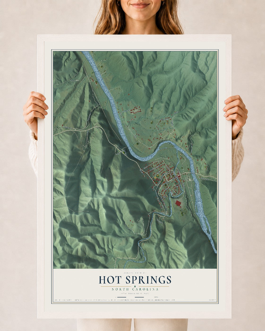 Map of Hot Springs, North Carolina, 24 x 36 inch print in a white wood frame