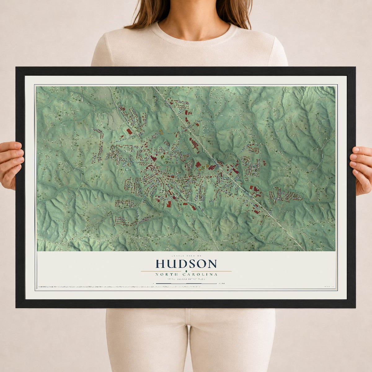 Map of Hudson, North Carolina, 18 x 24 inch print in a black wood frame
