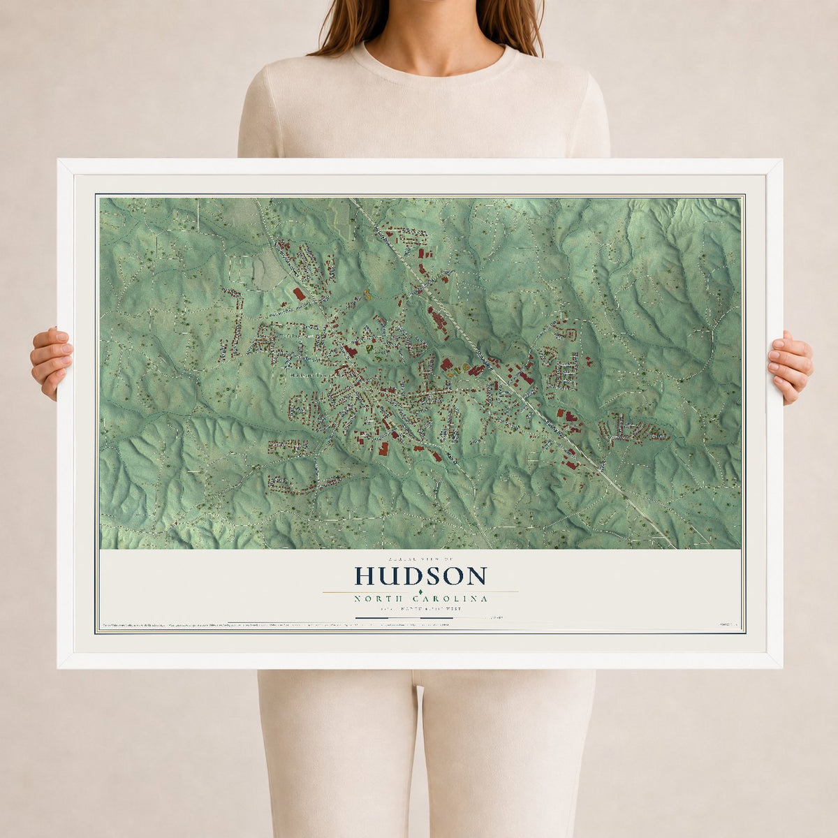 Map of Hudson, North Carolina, 24 x 36 inch print in a white wood frame