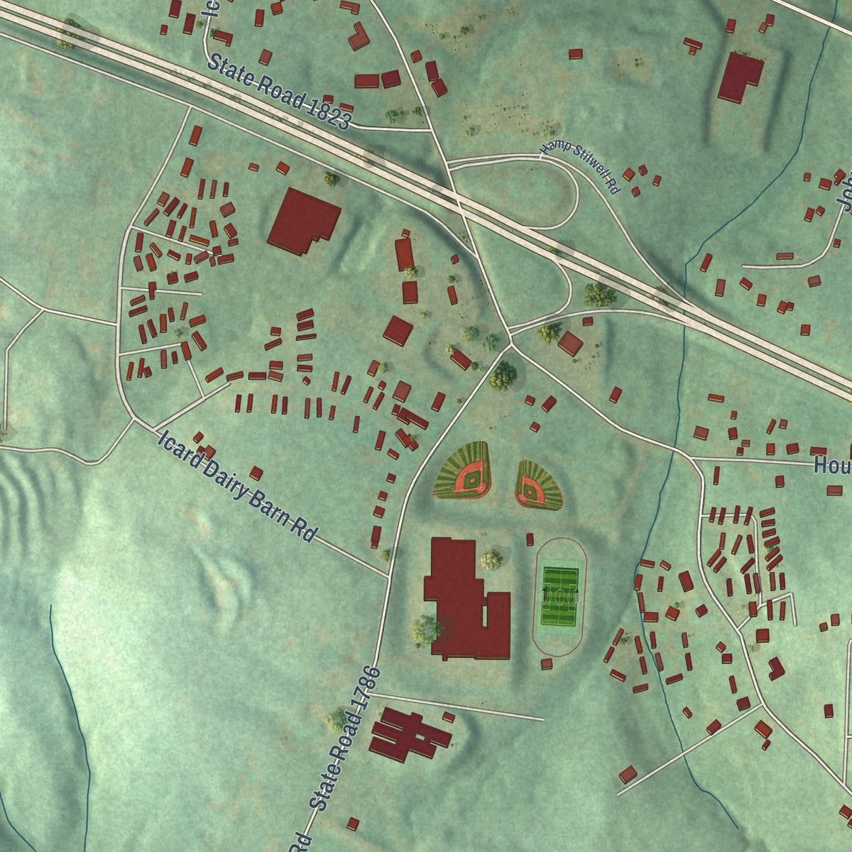 Close-up of the map of Icard, North Carolina print showing street and building detail