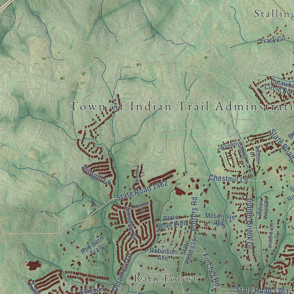 Second close-up of the map of Indian Trail, North Carolina print showing more streets and buildings