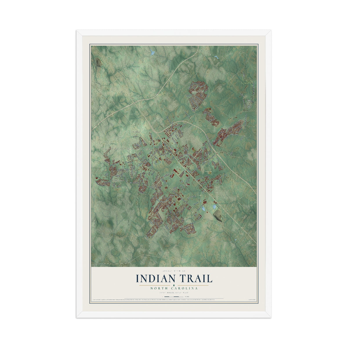 Map of Indian Trail, North Carolina, 12 x 18 inch print in a white wood frame