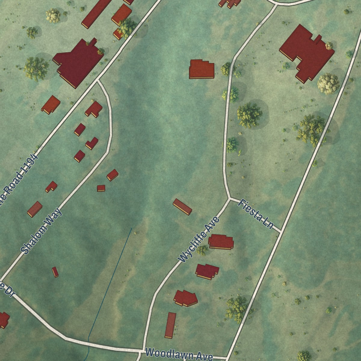 Close-up of the map of JAARS, North Carolina print showing street and building detail
