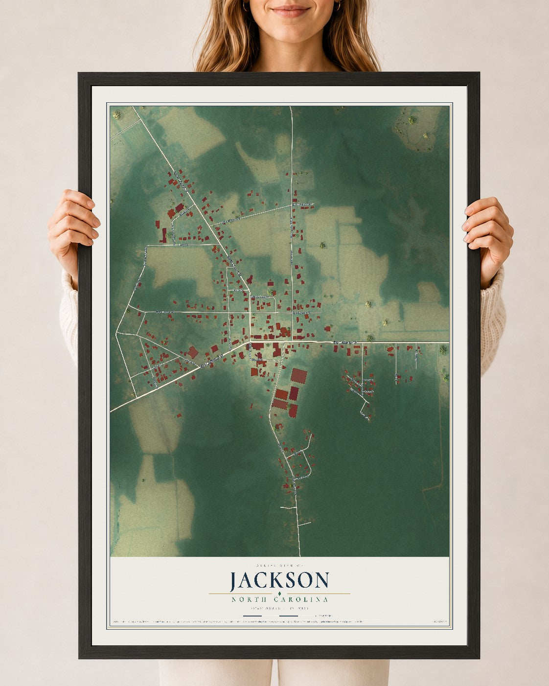 Map of Jackson, North Carolina, 24 x 36 inch print in a black wood frame